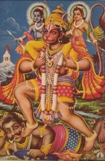 Hanuman carrying Rama and Sita