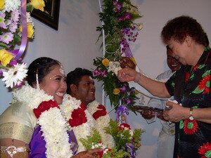 Grand Aunt Bok Sun blessing the couple in Malaysian Indian Engagement