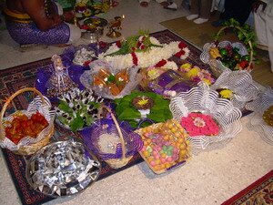 Sari and sweets trays in the Malaysian Indian Engagement