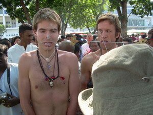 Catchpole and Love ready for their journey up the Waterfall Temple Penang