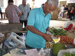 Day in the wet market, our Malay man job selling their fresh herbs conversing in Hokkien